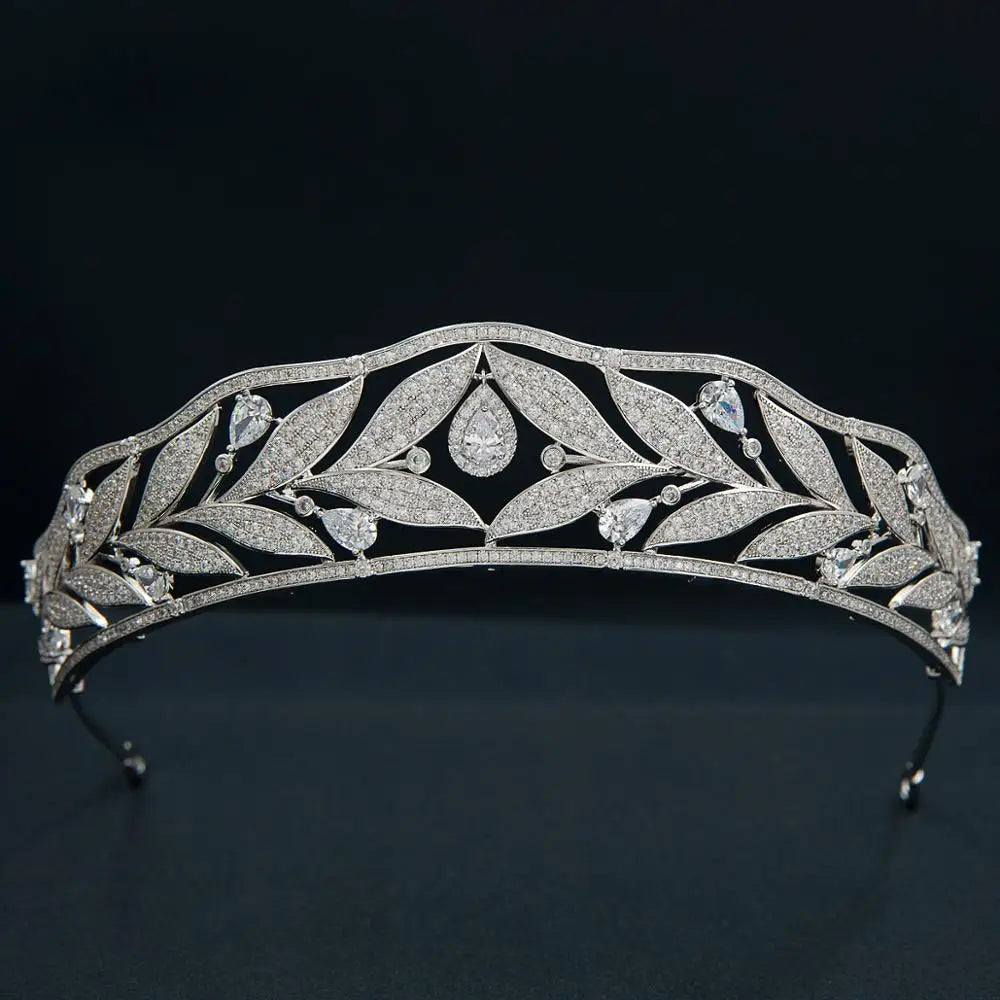 Cubic Zirconia Leaves Royal Replica Tiara  Elegant Crystal Princess Diadem for Weddings, Prom & Parties - HER SHOP