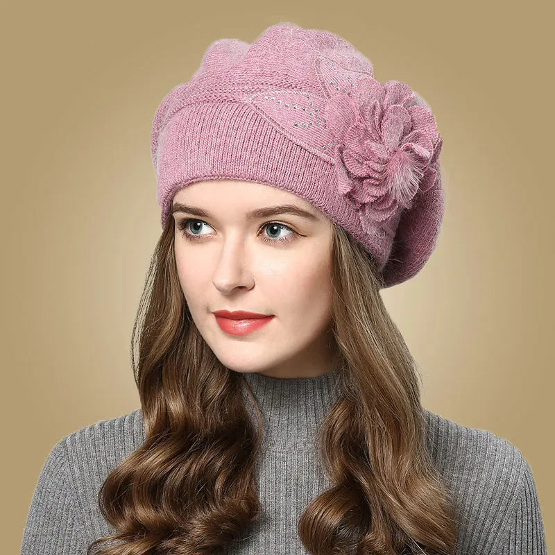 Women Rabbit Berets Knitted Wool Hats Winter Flowers Warm Female Cap Girls Beanies Fur Hat Gorros Bonnet Femme Hiver 2023