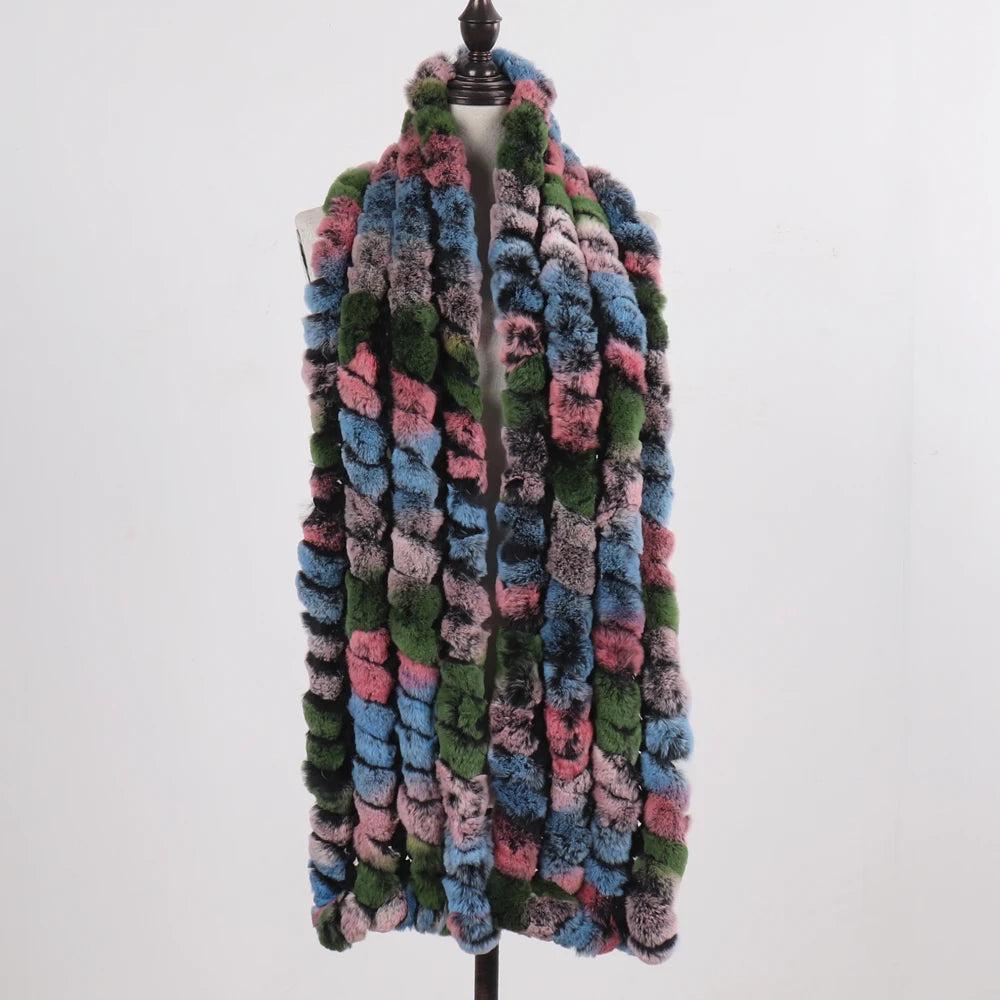Knitted Fashion Lady Real Rex Rabbit Fur Scarf Women Winter Warm Natural Fur Scarves Long Style Real Fur Neckerchief