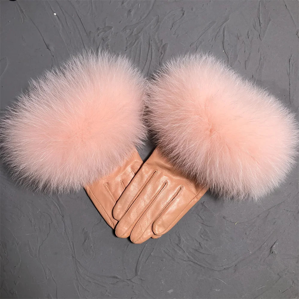 Luxury Fox Fur & Genuine Sheepskin Leather Gloves for Women – Winter Warm Driving Mittens with Real Fur Cuffs