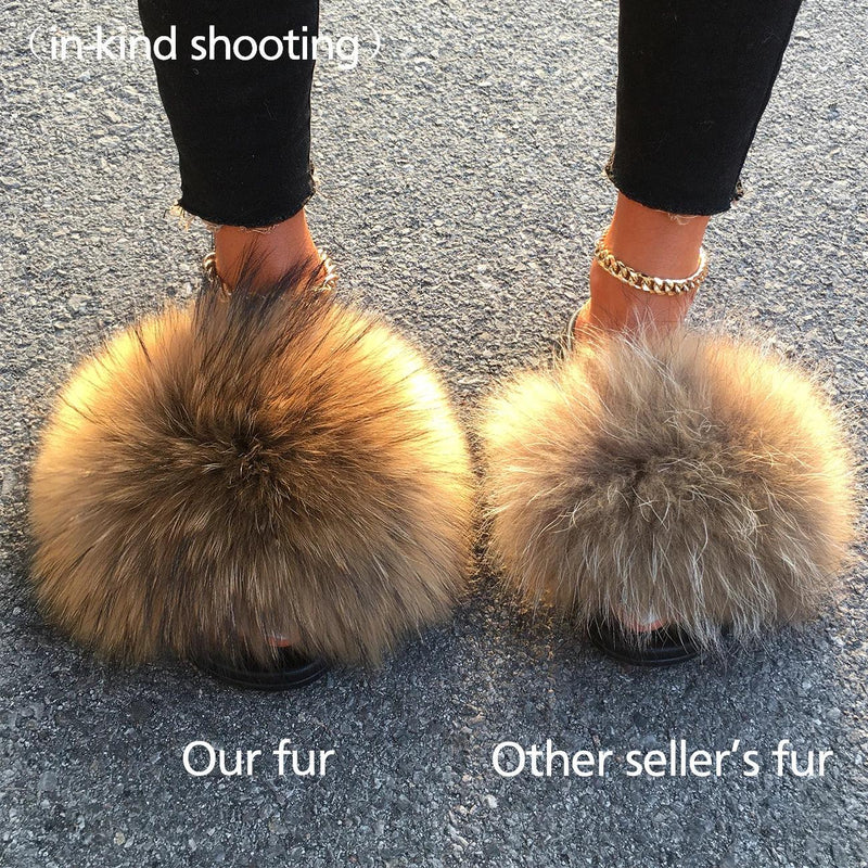 Extra Large Real Fox Raccoon Fur Slides - Designer Beach Sandals with Plush Furry Detailing for Women