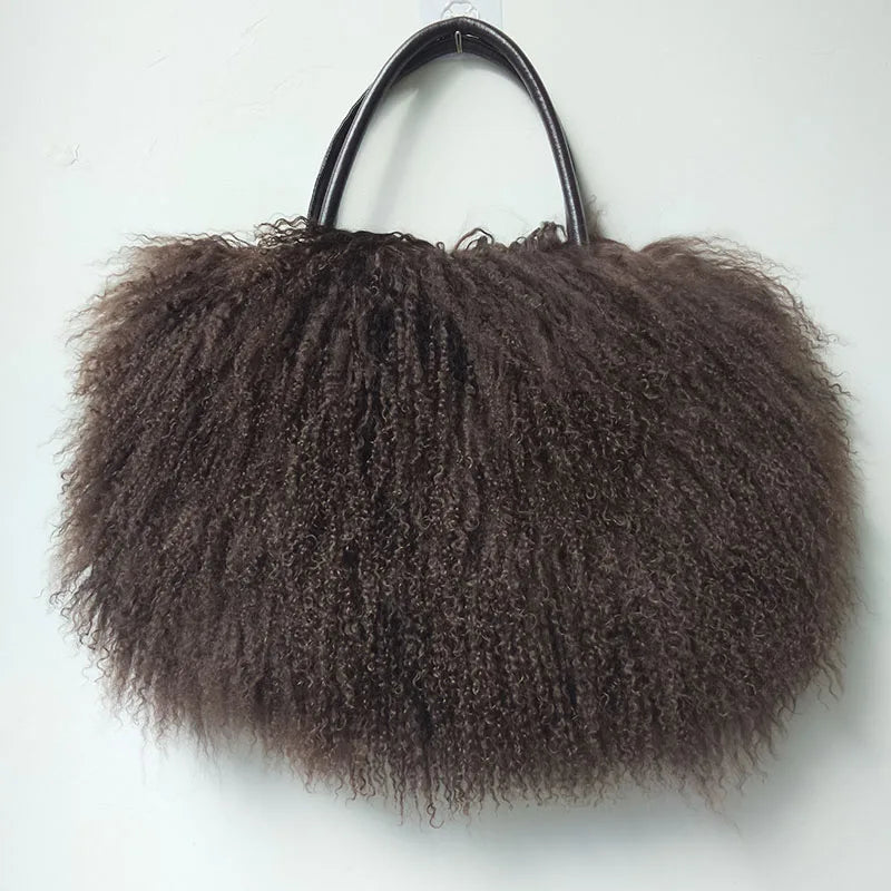 Winter Real Mongolia Lamb Fur Handbag Women Casual Tibet Long Hair Natural Fur Shoulder Bag Genuine Tote Bags Femme