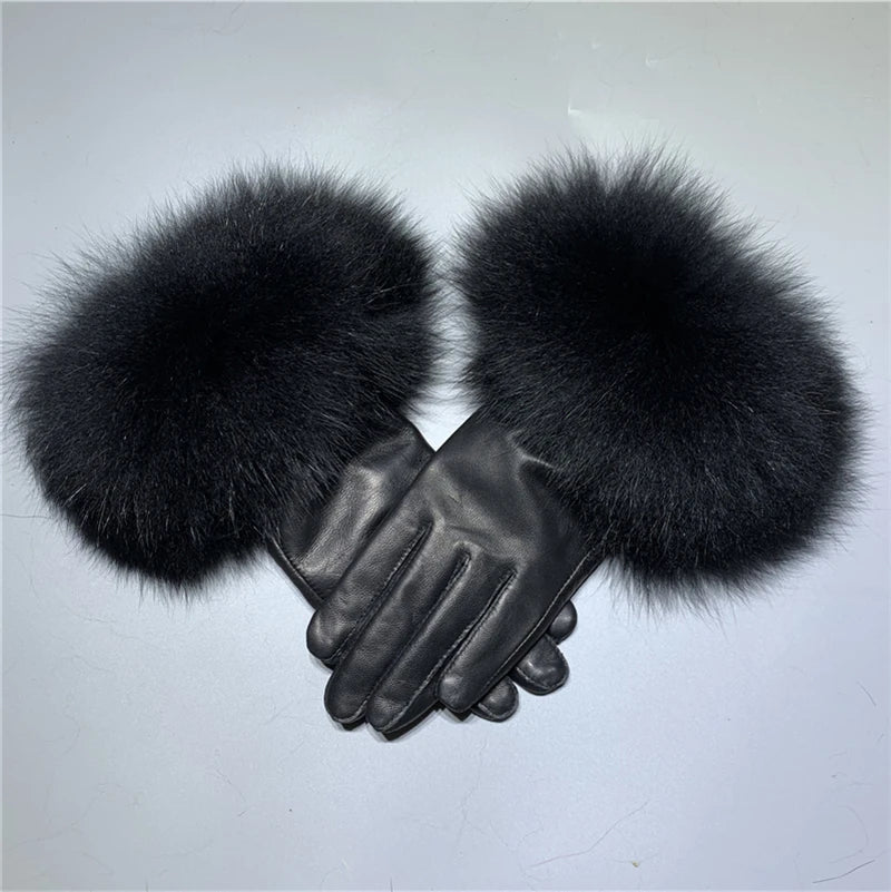 Luxury Fox Fur & Genuine Sheepskin Leather Gloves for Women – Winter Warm Driving Mittens with Real Fur Cuffs