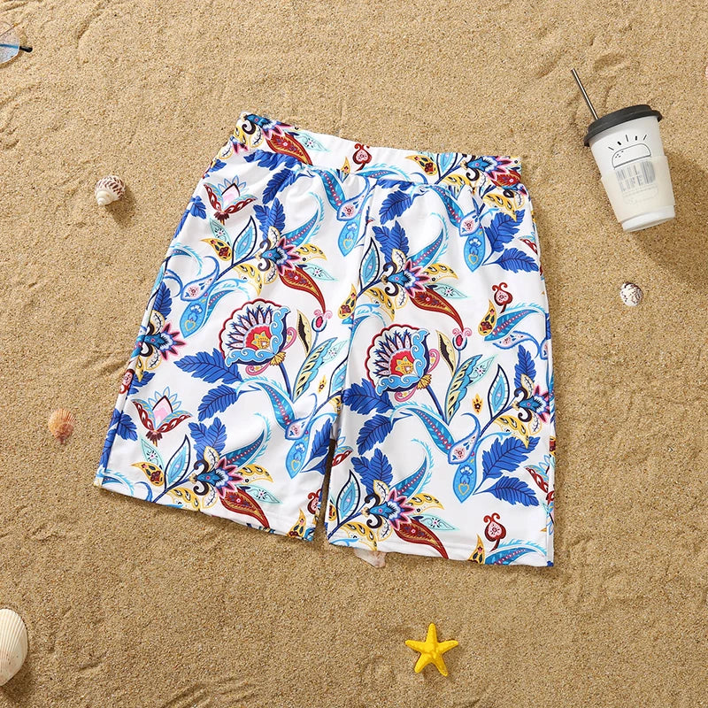 Family Matching Floral Swimwear – Mommy & Me Swimsuits and Men’s Boy Swim Trunks for Beach Holidays