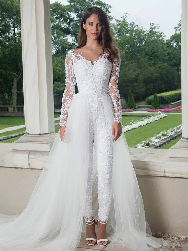 Full lace Wedding Jumpsuit with Detachable Train 2025 Long Sleeve Sheer Jewel Neck Bohemian Beach Bride Dress with Pant Suit