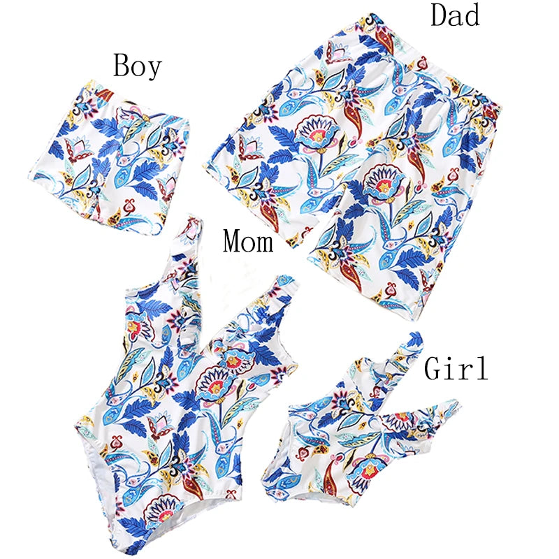 Family Matching Floral Swimwear – Mommy & Me Swimsuits and Men’s Boy Swim Trunks for Beach Holidays
