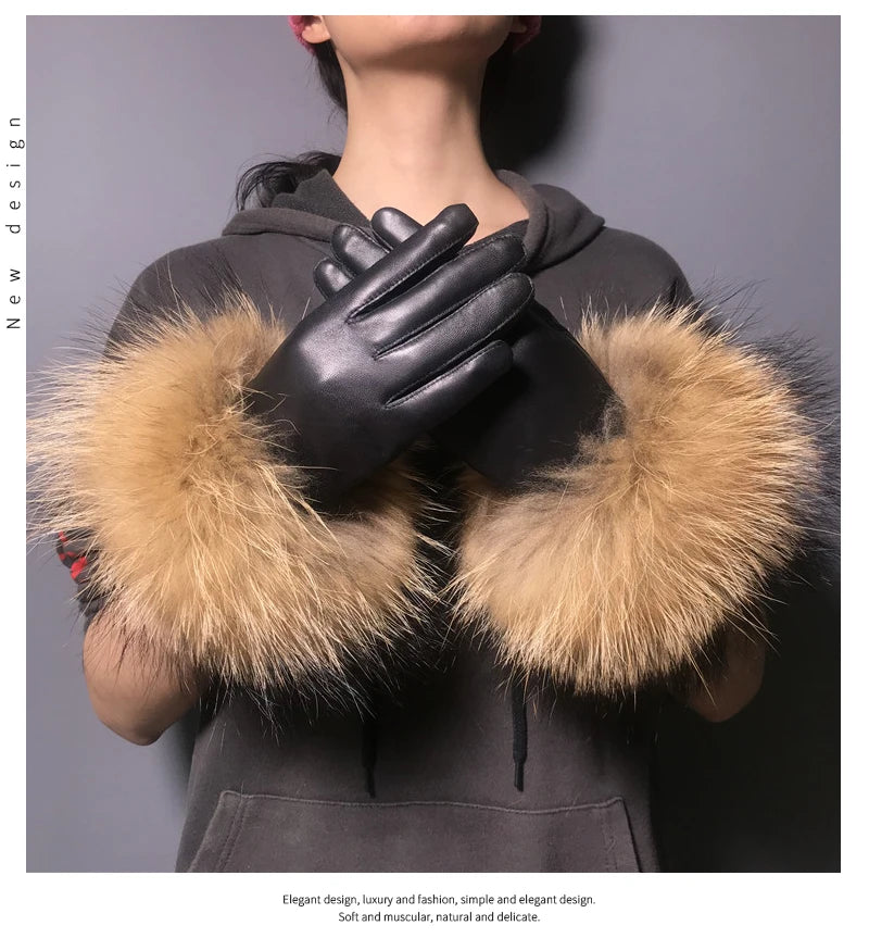 Luxury Fox Fur & Genuine Sheepskin Leather Gloves for Women – Winter Warm Driving Mittens with Real Fur Cuffs