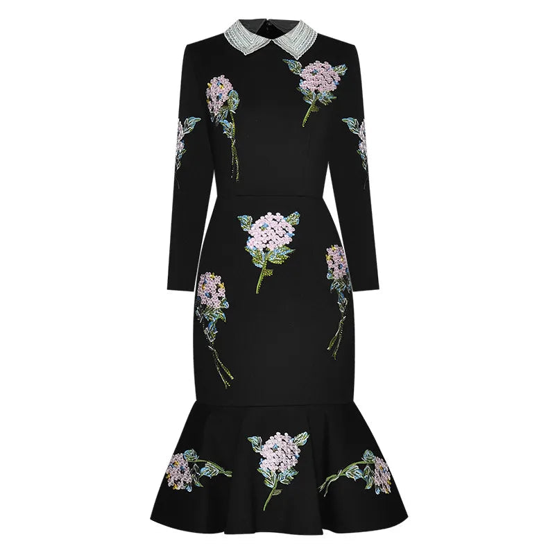 Autumn Runway Elegant Black Mermaid Dress – Beaded Turn-Down Collar, Rose Embroidery, Hot Drilling, Slim Fit Package Hip Women’s Dress