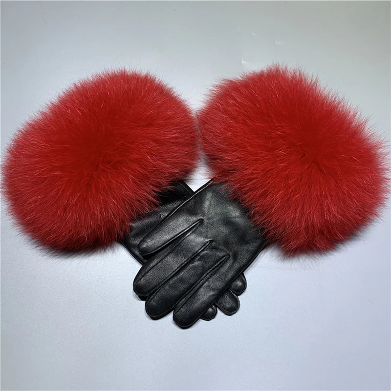 Luxury Fox Fur & Genuine Sheepskin Leather Gloves for Women – Winter Warm Driving Mittens with Real Fur Cuffs