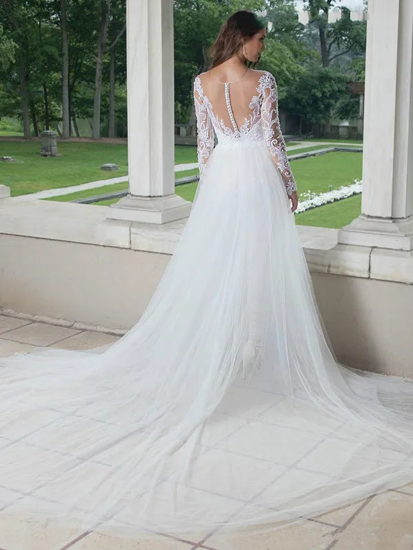 Full lace Wedding Jumpsuit with Detachable Train 2025 Long Sleeve Sheer Jewel Neck Bohemian Beach Bride Dress with Pant Suit