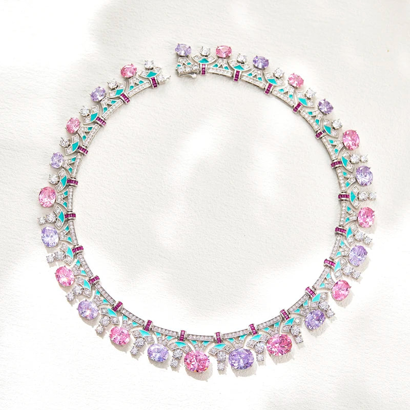 High End Women's Evening Dress Necklace pink Yellow Brass Chain Enamel Craftsmanship Inlaid with Zircon Colorful Fashion - HER SHOP