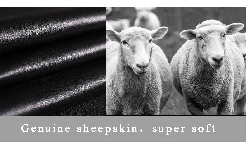 Two sheep with a close-up of sheepskin texture and text 'Genuine sheepskin, super soft'.