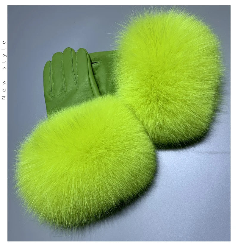 Luxury Fox Fur & Genuine Sheepskin Leather Gloves for Women – Winter Warm Driving Mittens with Real Fur Cuffs