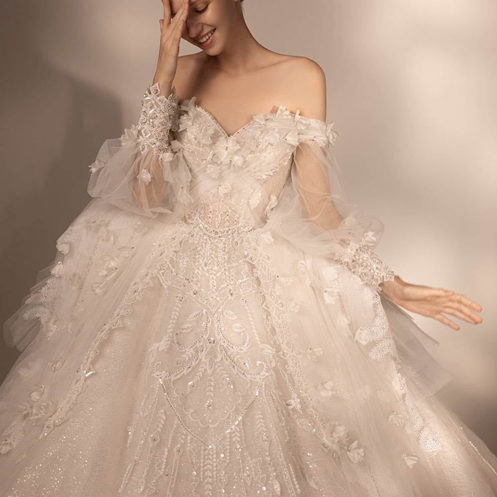 Elegant Off-Shoulder Appliqued Flower Ball Gown Wedding Dress