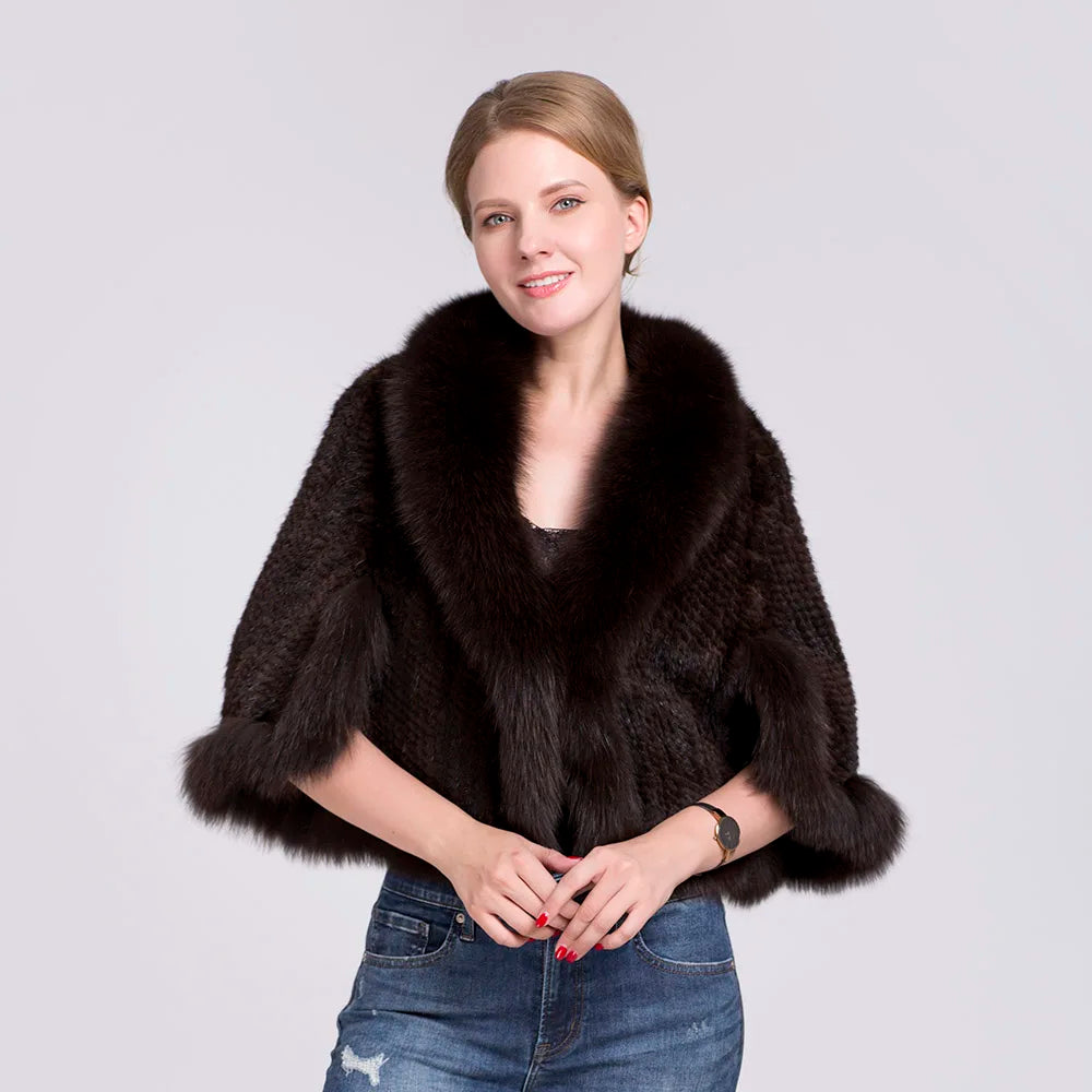 Ms.MinShu-Natural Mink Fur Poncho for Women, Trimmed Mink Fur Coat, Fox Fur Collar, Sleeveless, Woven Jacket, Outwear
