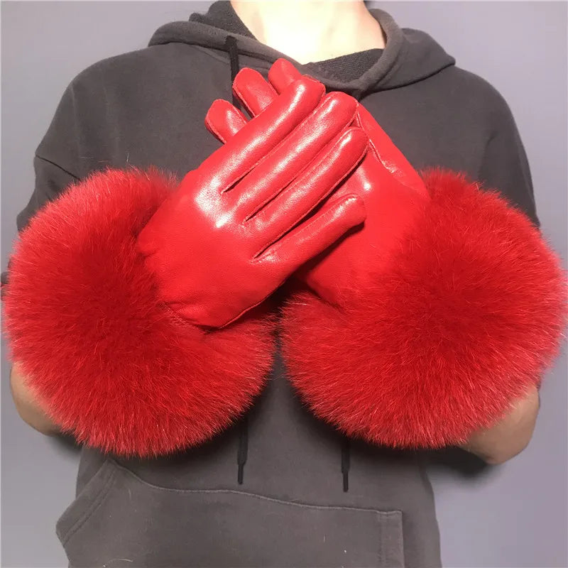 Luxury Fox Fur & Genuine Sheepskin Leather Gloves for Women – Winter Warm Driving Mittens with Real Fur Cuffs