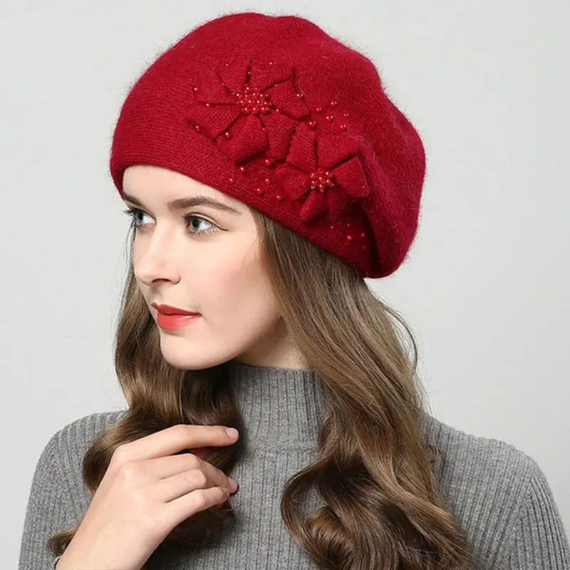 Women Rabbit Berets Knitted Wool Hats Winter Flowers Warm Female Cap Girls Beanies Fur Hat Gorros Bonnet Femme Hiver 2023