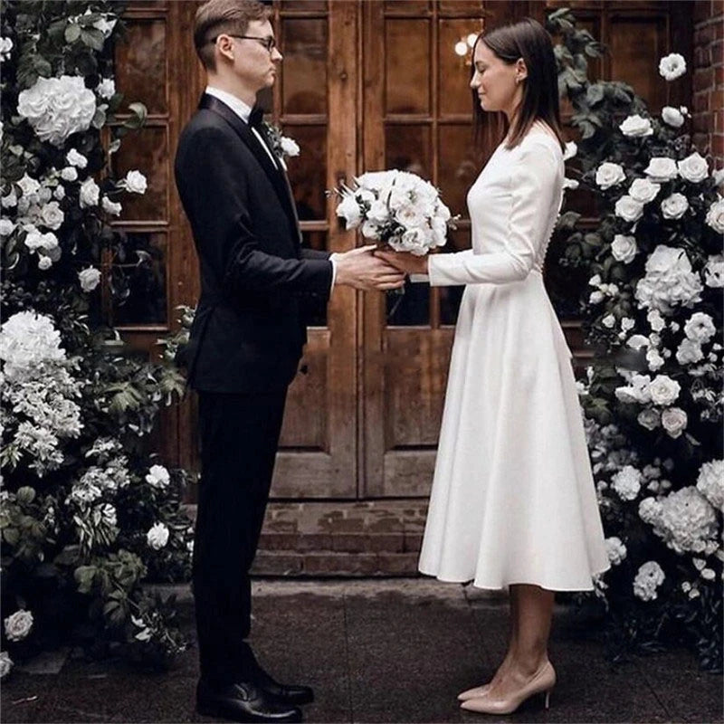 Vintage Satin Long-Sleeve A-Line Wedding Dress | Tea-Length Custom Bridal Gown