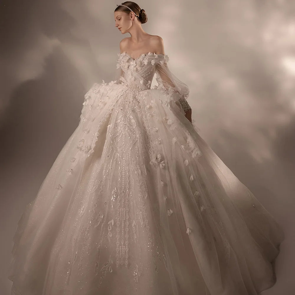 Elegant Off-Shoulder Appliqued Flower Ball Gown Wedding Dress - HER SHOP