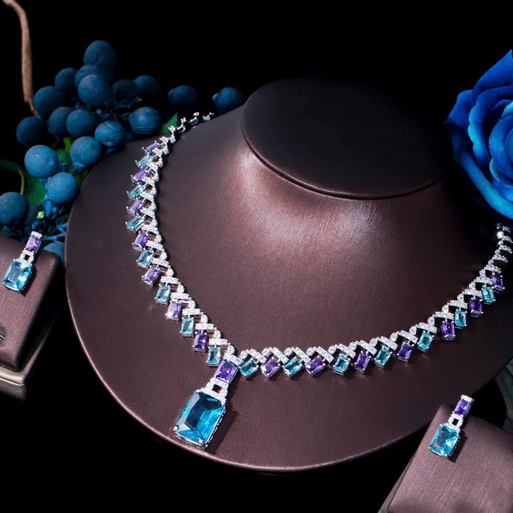 Luxury Blue & Purple Cubic Zirconia Bridal Jewelry Set – Silver Square Drop Necklace & Earrings for Wedding or Party