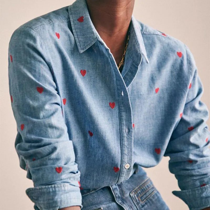 Women's Heart Embroidery Blouse - Turn-Down Collar, Single-Breasted, Fresh Long Sleeve Denim Shirt for Valentine's Day - HER SHOP