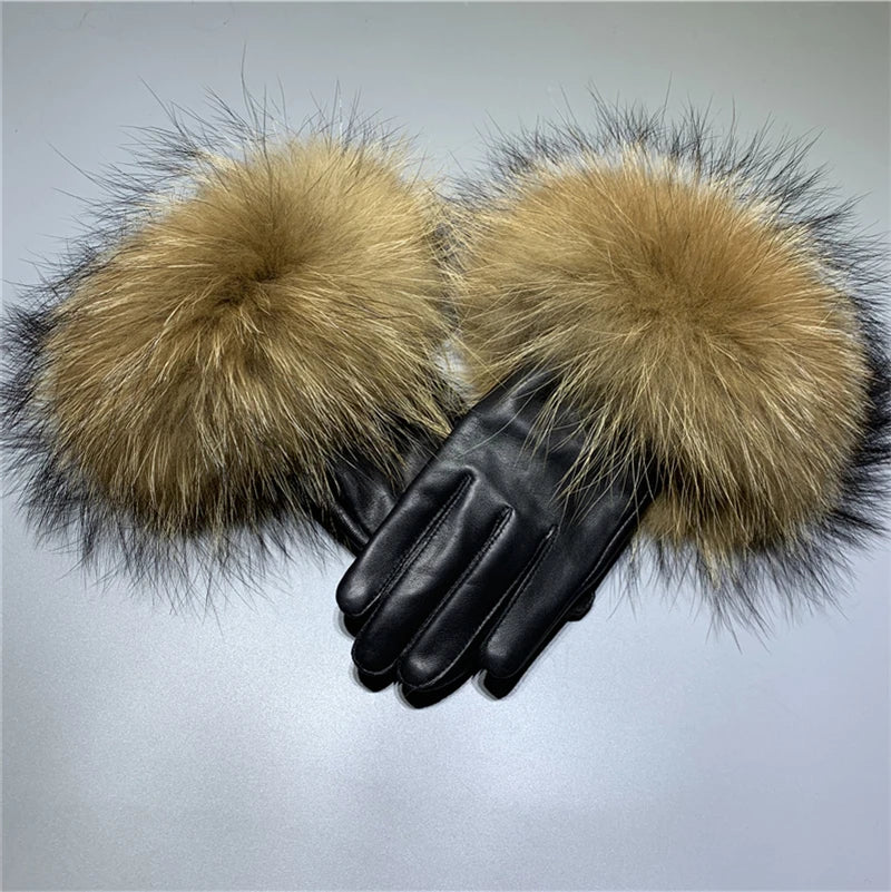 Luxury Fox Fur & Genuine Sheepskin Leather Gloves for Women – Winter Warm Driving Mittens with Real Fur Cuffs