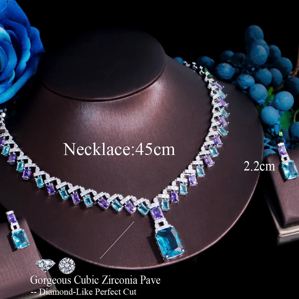 Luxury Blue & Purple Cubic Zirconia Bridal Jewelry Set – Silver Square Drop Necklace & Earrings for Wedding or Party