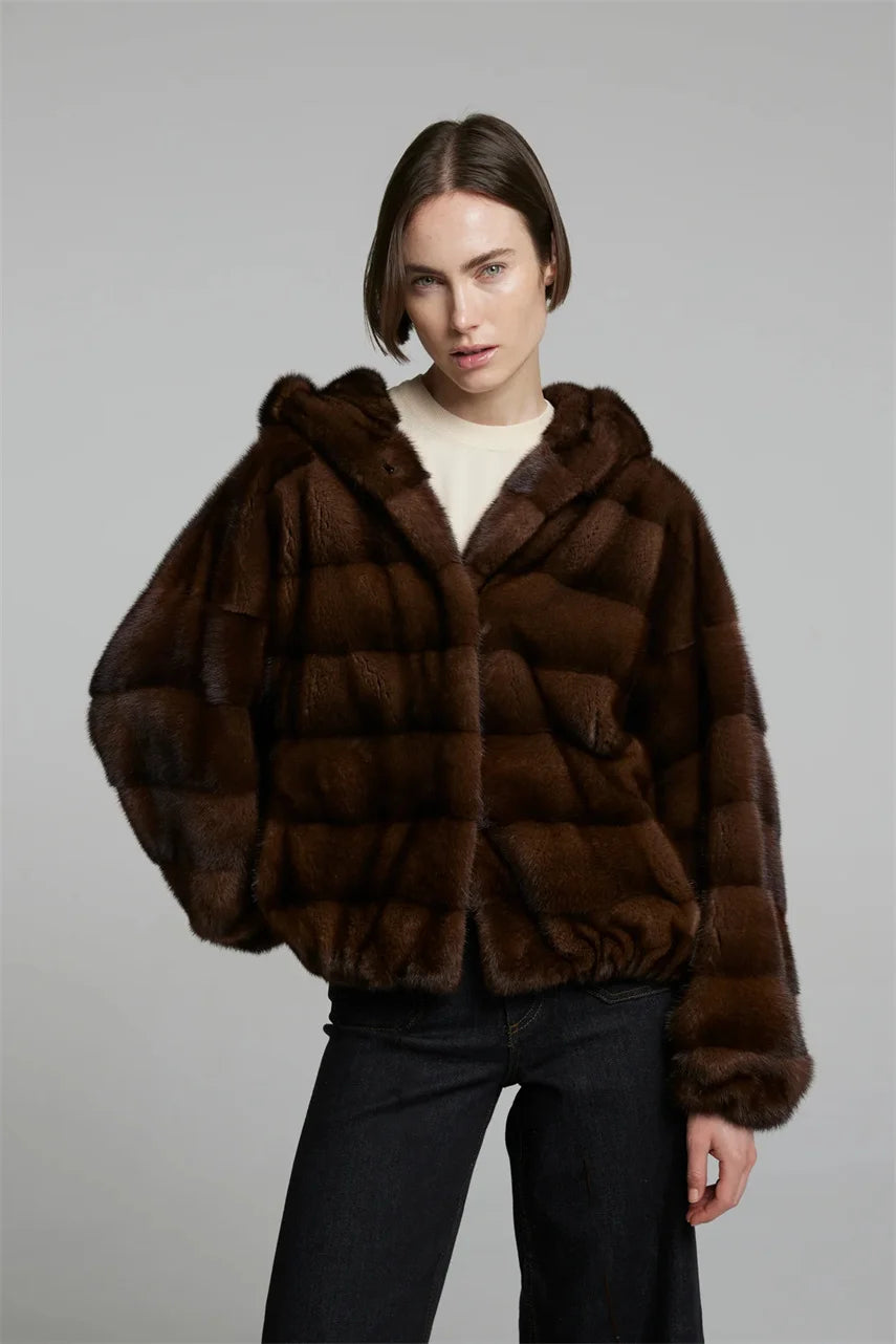 Women’s Windproof Mahogany Mink Fur Coat with Ho
