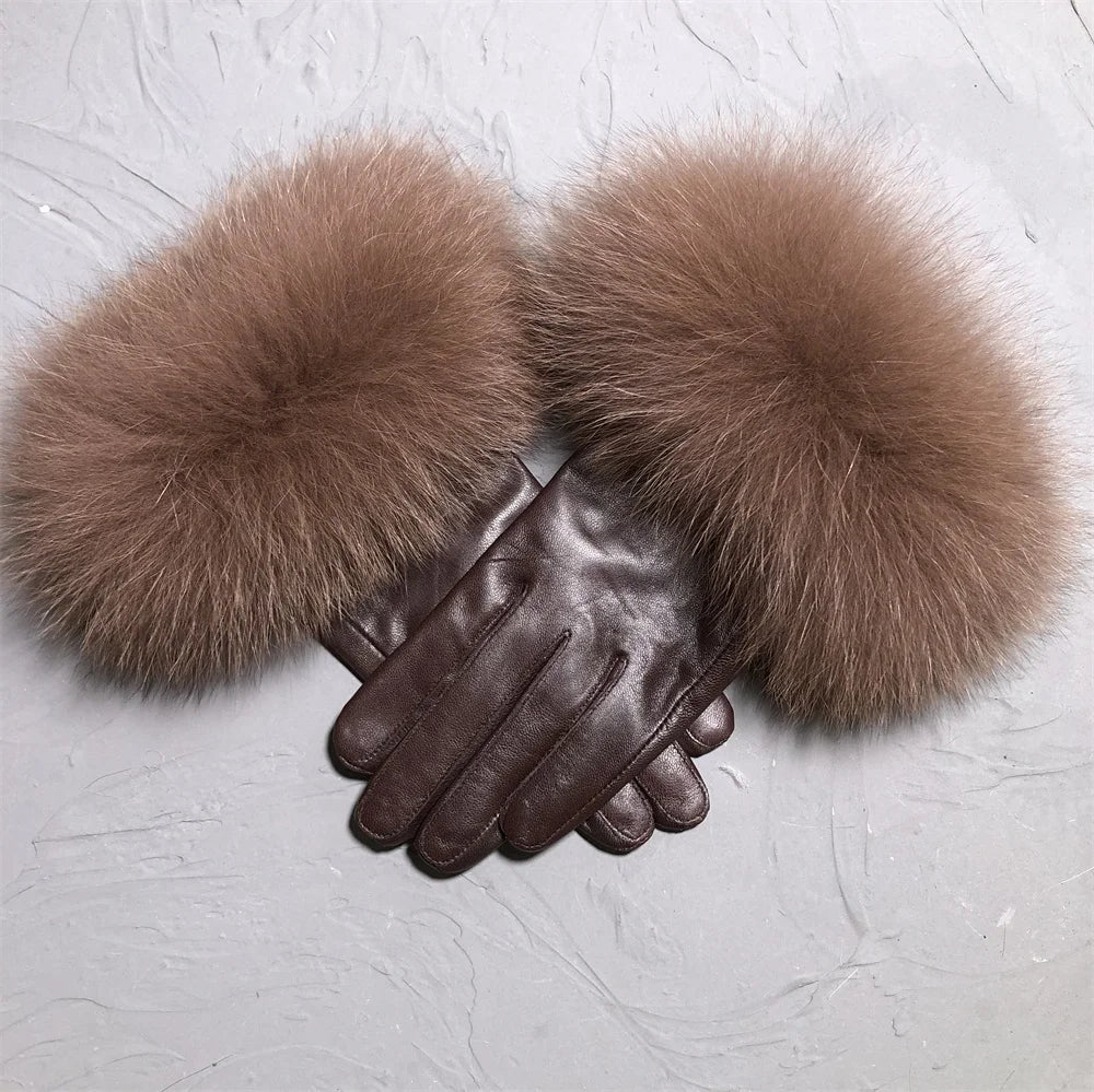 Luxury Fox Fur & Genuine Sheepskin Leather Gloves for Women – Winter Warm Driving Mittens with Real Fur Cuffs