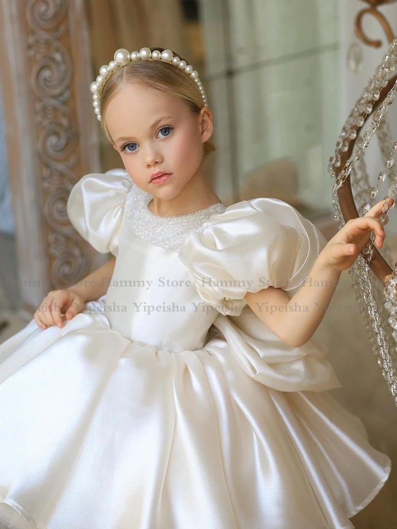 Puff-Sleeve Flower Girl Dress for First Communion and Kids Party