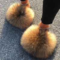 Extra Large Real Fox Raccoon Fur Slides - Designer Beach Sandals with Plush Furry Detailing for Women