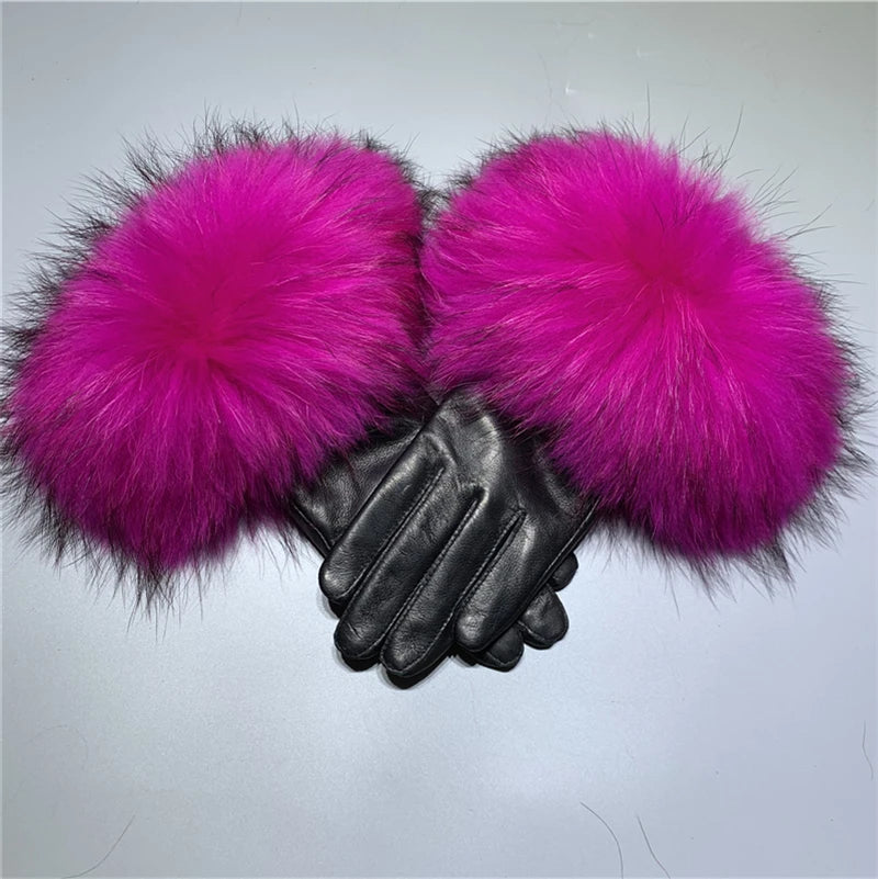 Luxury Fox Fur & Genuine Sheepskin Leather Gloves for Women – Winter Warm Driving Mittens with Real Fur Cuffs