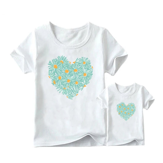 Mother Daughter Matching Outfits – Fashion Mommy and Me Heart & Flower Print T-Shirt Family Look - HER SHOP