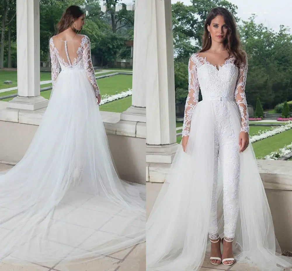 Full lace Wedding Jumpsuit with Detachable Train 2025 Long Sleeve Sheer Jewel Neck Bohemian Beach Bride Dress with Pant Suit