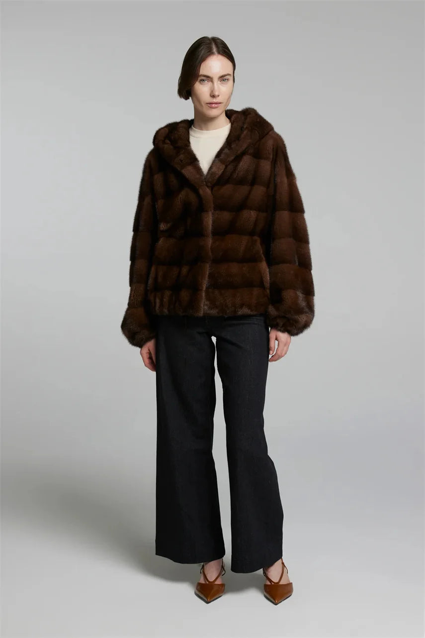 Women’s Windproof Mahogany Mink Fur Coat with Ho