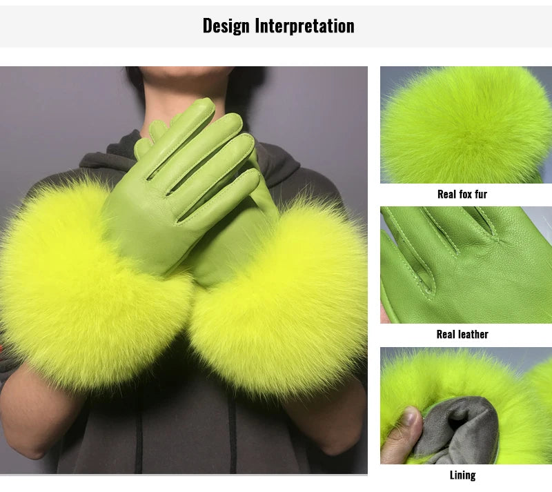 Luxury Fox Fur & Genuine Sheepskin Leather Gloves for Women – Winter Warm Driving Mittens with Real Fur Cuffs