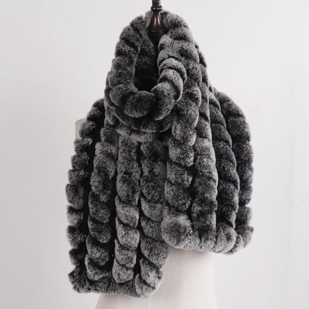 Knitted Fashion Lady Real Rex Rabbit Fur Scarf Women Winter Warm Natural Fur Scarves Long Style Real Fur Neckerchief