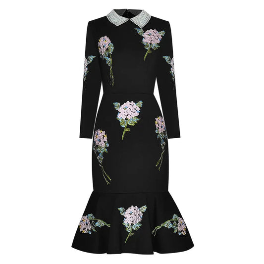 Autumn Runway Elegant Black Mermaid Dress – Beaded Turn-Down Collar, Rose Embroidery, Hot Drilling, Slim Fit Package Hip Women’s Dress - HER SHOP