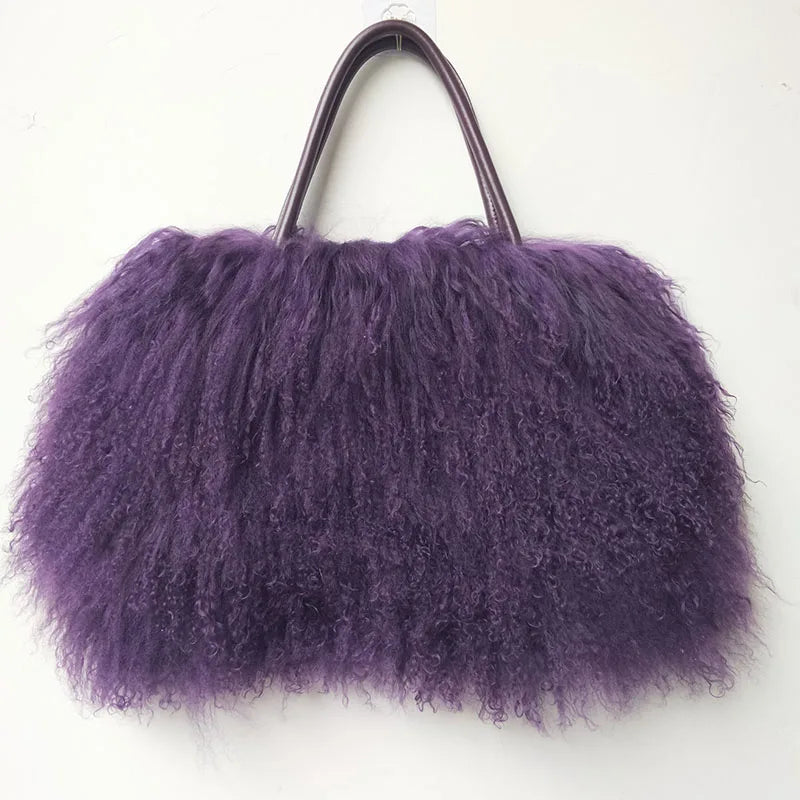 Winter Real Mongolia Lamb Fur Handbag Women Casual Tibet Long Hair Natural Fur Shoulder Bag Genuine Tote Bags Femme