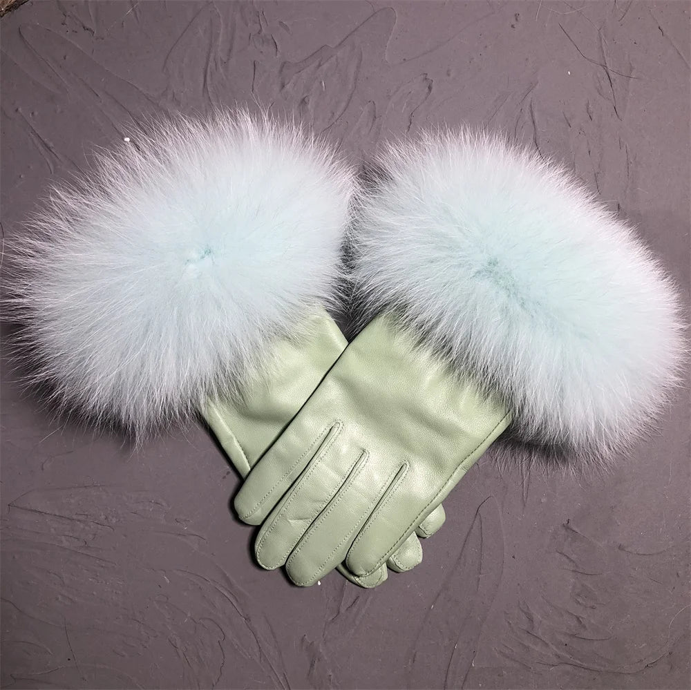 Luxury Fox Fur & Genuine Sheepskin Leather Gloves for Women – Winter Warm Driving Mittens with Real Fur Cuffs