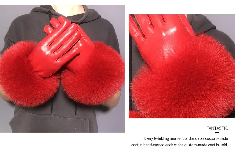 Luxury Fox Fur & Genuine Sheepskin Leather Gloves for Women – Winter Warm Driving Mittens with Real Fur Cuffs