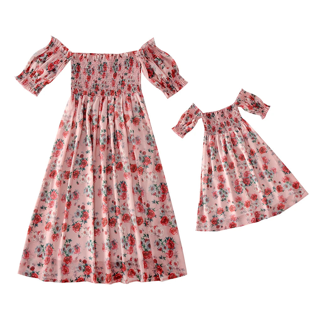 New Years Summer Family Matching Outfits Mother Daughter Dresses For Women Girls Casual Costume Mom Kids Parent-child Clothes