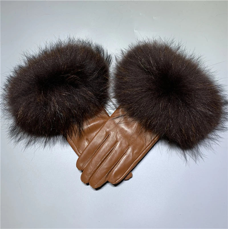 Luxury Fox Fur & Genuine Sheepskin Leather Gloves for Women – Winter Warm Driving Mittens with Real Fur Cuffs
