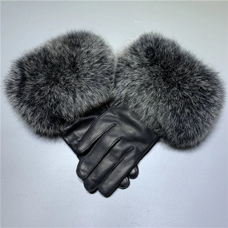 Luxury Fox Fur & Genuine Sheepskin Leather Gloves for Women – Winter Warm Driving Mittens with Real Fur Cuffs