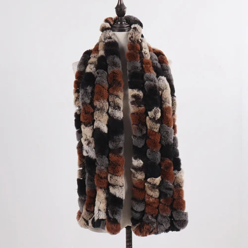 Knitted Fashion Lady Real Rex Rabbit Fur Scarf Women Winter Warm Natural Fur Scarves Long Style Real Fur Neckerchief
