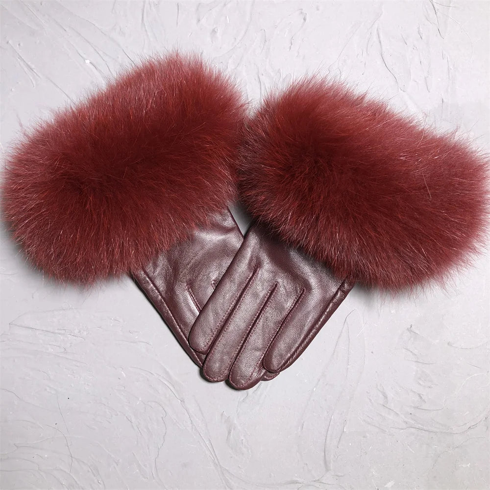 Luxury Fox Fur & Genuine Sheepskin Leather Gloves for Women – Winter Warm Driving Mittens with Real Fur Cuffs
