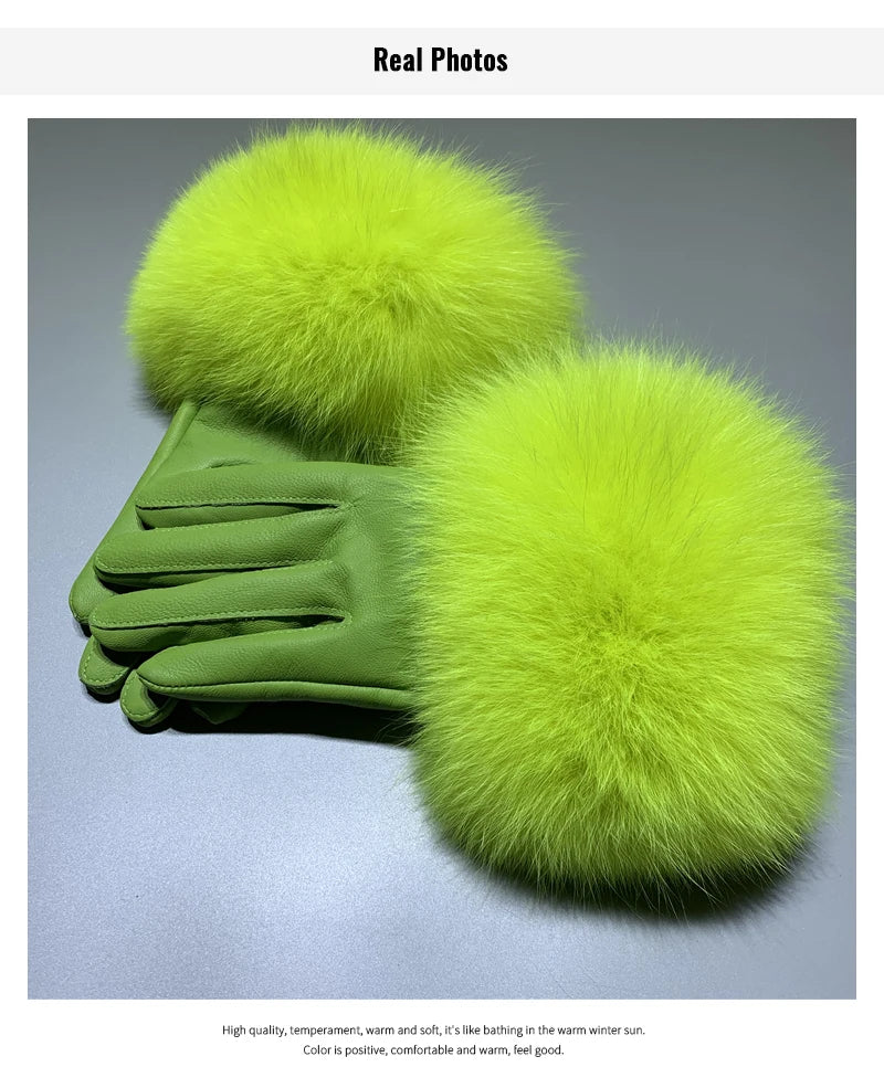 Luxury Fox Fur & Genuine Sheepskin Leather Gloves for Women – Winter Warm Driving Mittens with Real Fur Cuffs