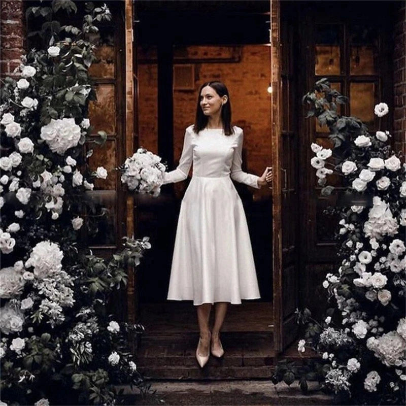 Vintage Satin Long-Sleeve A-Line Wedding Dress | Tea-Length Custom Bridal Gown