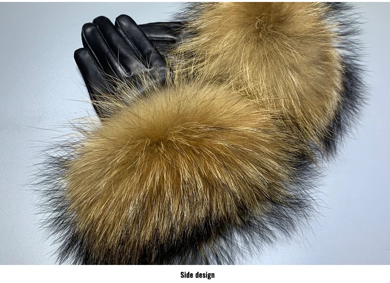 Luxury Fox Fur & Genuine Sheepskin Leather Gloves for Women – Winter Warm Driving Mittens with Real Fur Cuffs