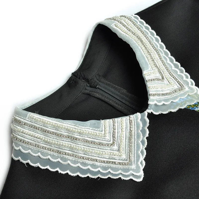Autumn Runway Elegant Black Mermaid Dress – Beaded Turn-Down Collar, Rose Embroidery, Hot Drilling, Slim Fit Package Hip Women’s Dress
